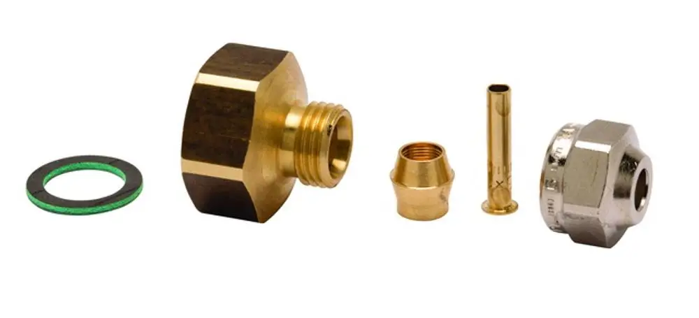 Anschlussset mit Messing- und Chromteilen, einschließlich einer Dichtung, zur Verbindung einer Impulsleitung an ein Ventil von IMI Hydronic Engineering.